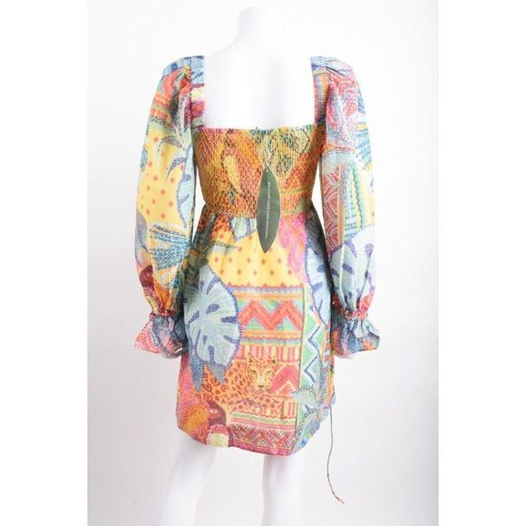 Farm Rio Womens Summer Tapestry Mini Dress XS Blouson sleeves Multicolor Smocked - Picture 6 of 7